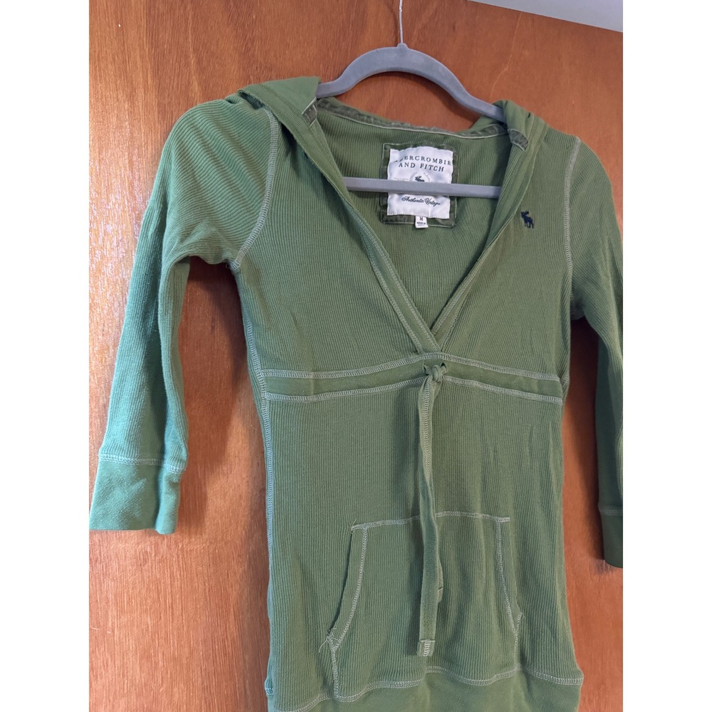 Abercrombie & Fitch Green Ribbed V-Neck Hoodie 3/4 Sleeve Y2K Vintage Medium - Picture 2 of 7